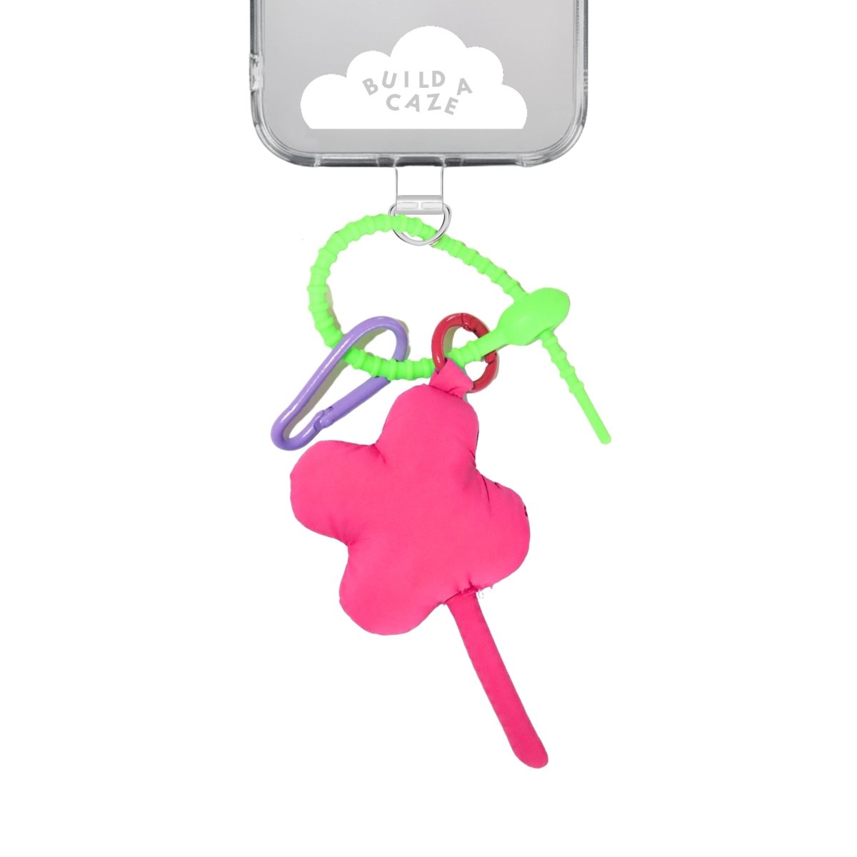 Pink Clover Me Keychain, handmade lucky clover charm for phone cases and bags, stylish pink floral accessory, cute aesthetic mobile phone attachment.