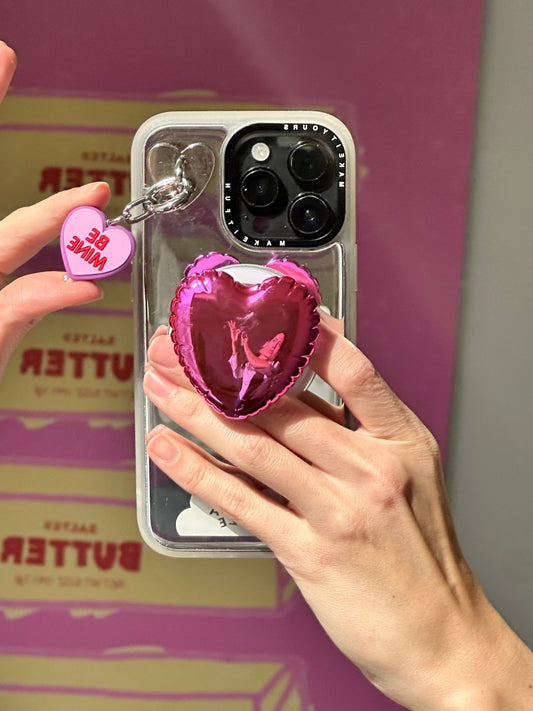 Pink heart pop balloon MagSafe pop holder, cute 3D heart-shaped magnetic pop socket and phone grip accessory.