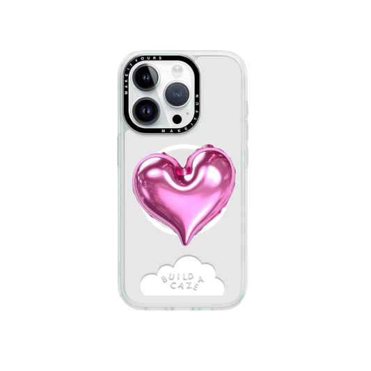 Shiny metallic pink balloon heart MagSafe pop holder, magnetic pop socket and phone grip accessory.