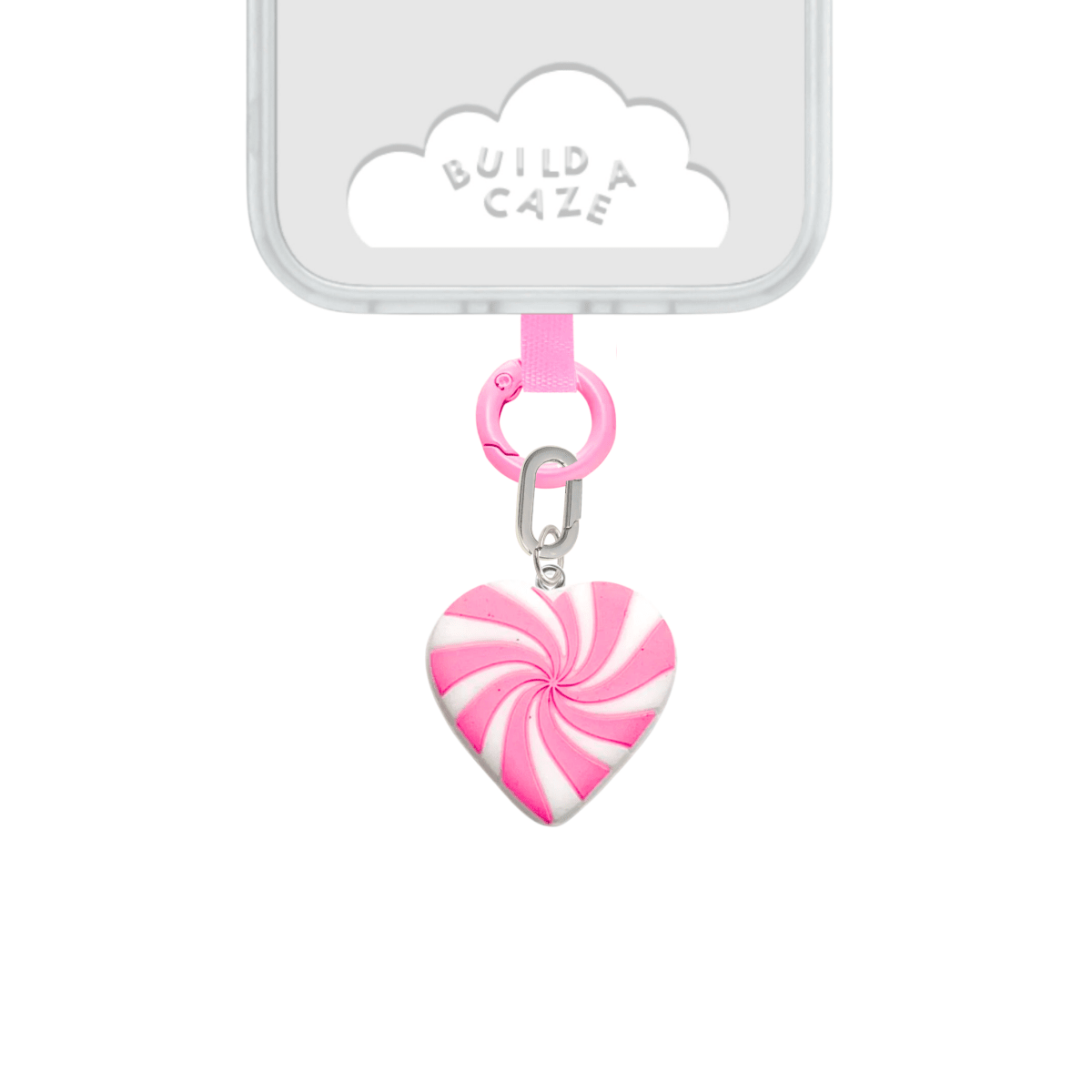Cute heart-shaped Pink Sugar Swirl phone charm featuring a mint green and white marbled enamel design, festive holiday aesthetic mobile accessory and decorative tech strap by Build a Caze.