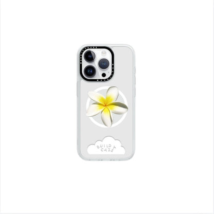 Plummie Baby plumeria flower MagSafe pop holder, cute white and yellow floral magnetic pop socket and phone grip accessory.