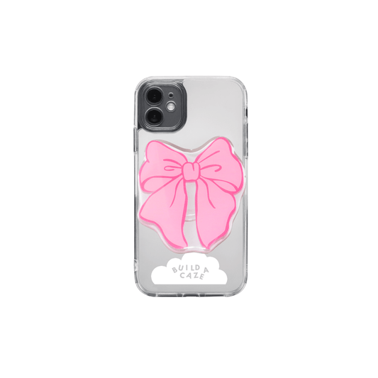 Poppy bow pop holder, cute pink bow shaped magsafe magnetic pop socket and phone grip accessory.