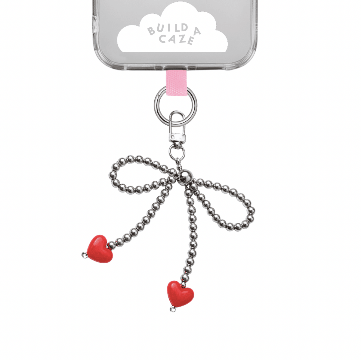 Pretty Tied Up Keychain featuring a white and purple bow with delicate hearts, cute charm for phone cases and bags, aesthetic mobile accessory, bow-shaped keychain attachment.