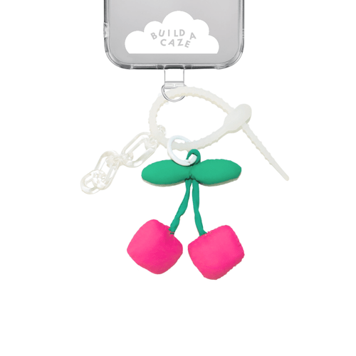 Handmade Puffy Cherries Keychain, cute 3D cherry fruit charm for phone cases and bags, vibrant pink and green aesthetic mobile accessory, playful cherry bag pendant.