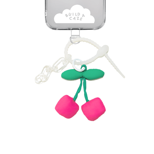 Handmade Puffy Cherries Keychain, cute 3D cherry fruit charm for phone cases and bags, vibrant pink and green aesthetic mobile accessory, playful cherry bag pendant.