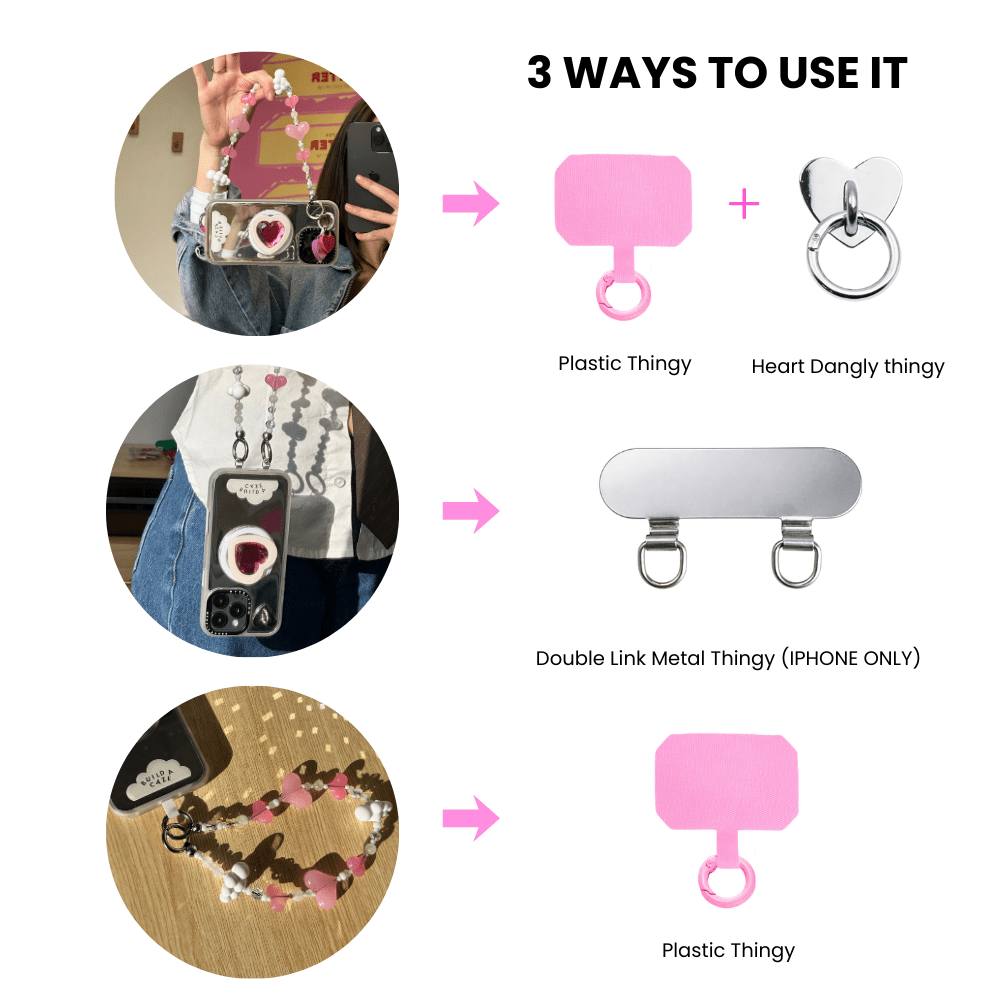 Beaded phone wrist strap featuring heart-shaped charms and stylish beads with a black cord lanyard, perfect as a decorative phone strap and mobile phone wrist strap accessory.
