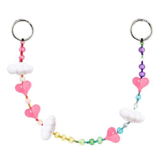 Beaded phone wrist strap featuring pastel pink and multicolor rainbow beads with cloud and heart charms on a black cord lanyard, perfect as a decorative phone strap and mobile phone accessory.