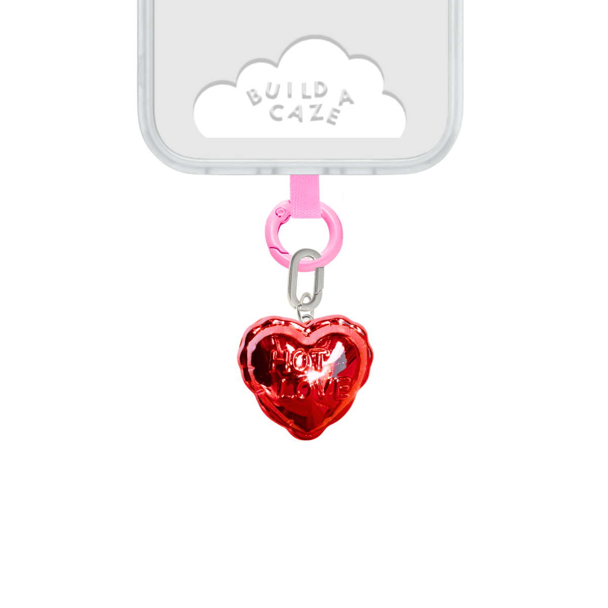 Cute red heart balloon phone charm with Be Mine text, flirty Y2K aesthetic mobile accessory and decorative tech strap for phone cases by Build a Caze.