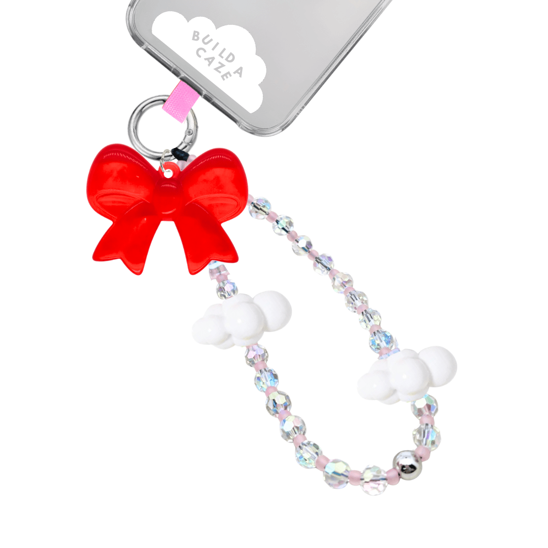 Phone wrist strap iridescent holographic beads, red accents, cloud charms, and a cute bow cell Phone Build A Caze