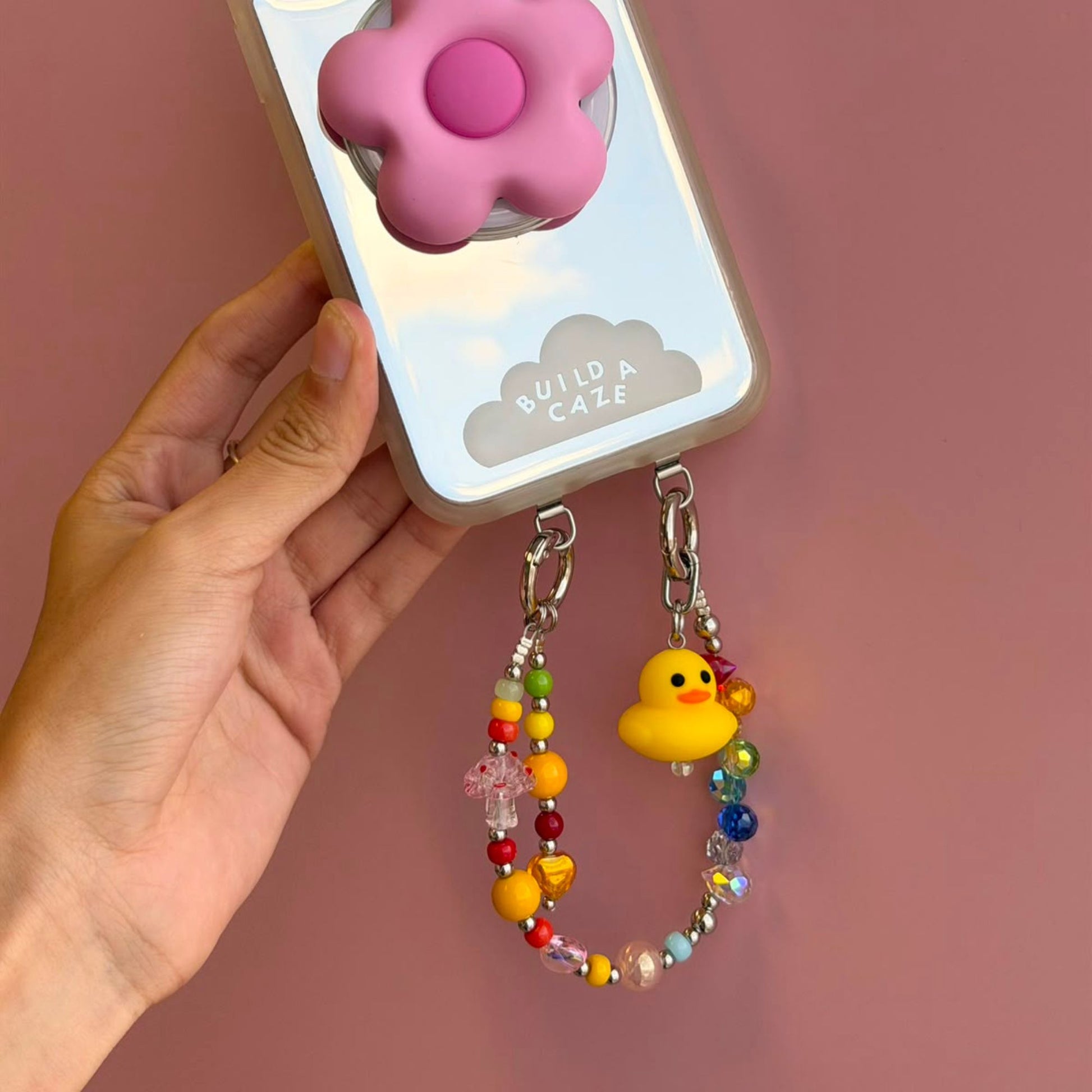 Rainbow beaded phone strap yellow duck charm phone strap Build A Caze