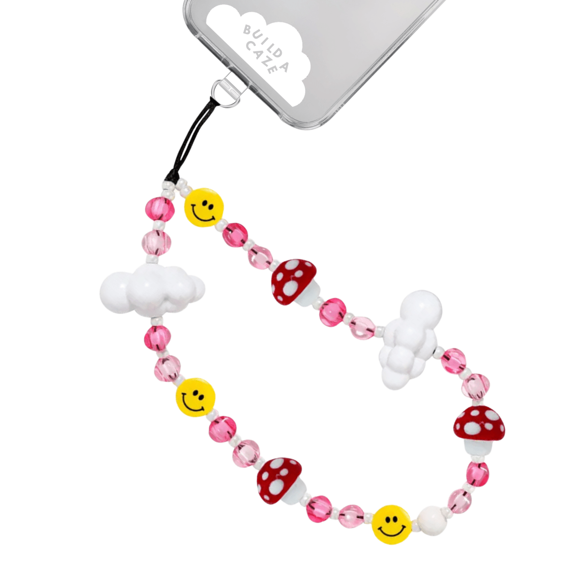 Phone wrist strap pink, red, and yellow mushroom and smiley face charms with white cloud beads cell Phone Build A Caze