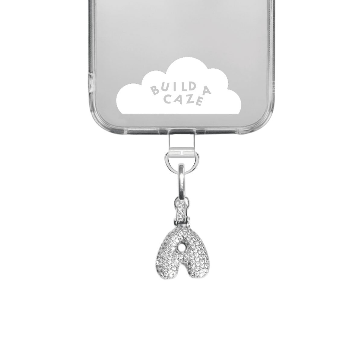 Silver chunky initial letter A charm for phone cases, personalized metallic 3D alphabet accessory for mobile phone straps and Y2K aesthetic tech customization by Build a Caze.