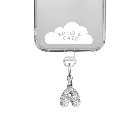 Silver chunky initial letter A charm for phone cases, personalized metallic 3D alphabet accessory for mobile phone straps and Y2K aesthetic tech customization by Build a Caze.
