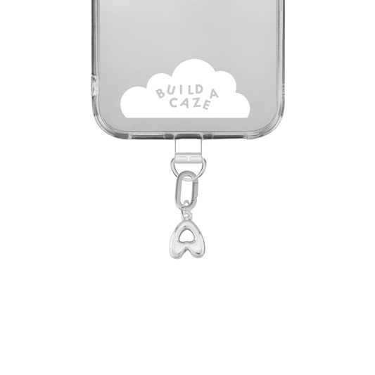 Silver Cutie Initial Letter Charmie phone accessory, a personalized 3D silver initial letter A charm for mobile cases with a playful Y2K aesthetic by Build a Caze.