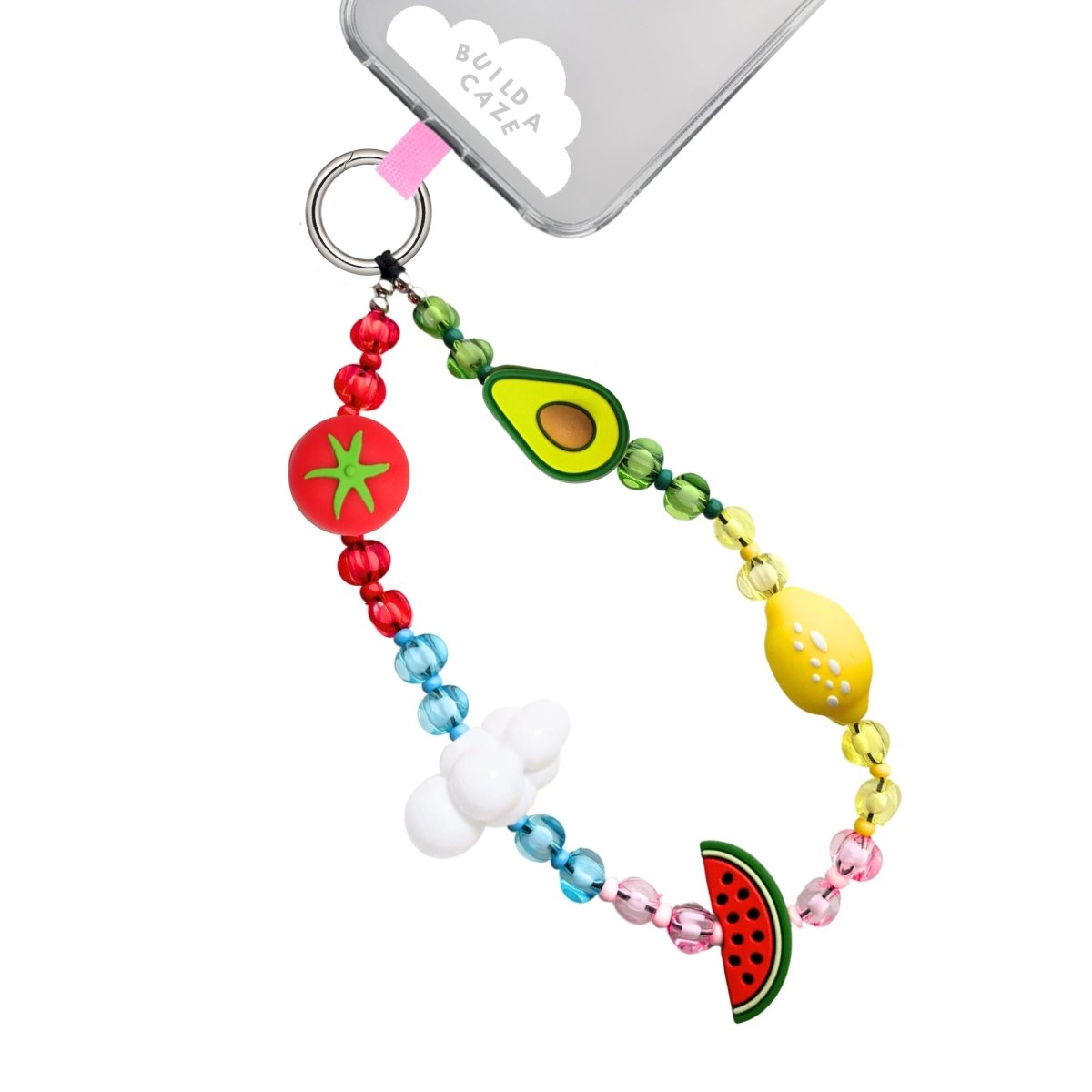 Beaded phone wrist strap featuring fuchsia and pink beads with white cloud and food charms on a black cord lanyard, perfect as a decorative phone strap and mobile phone accessory.