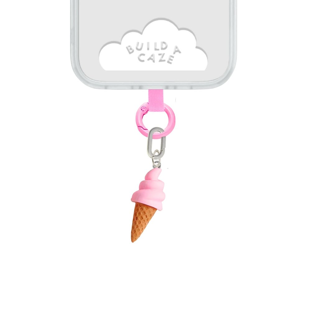 Cute strawberry ice cream cone phone charm with a pink and brown swirl design, nostalgic Y2K aesthetic mobile accessory and decorative tech strap by Build a Caze.