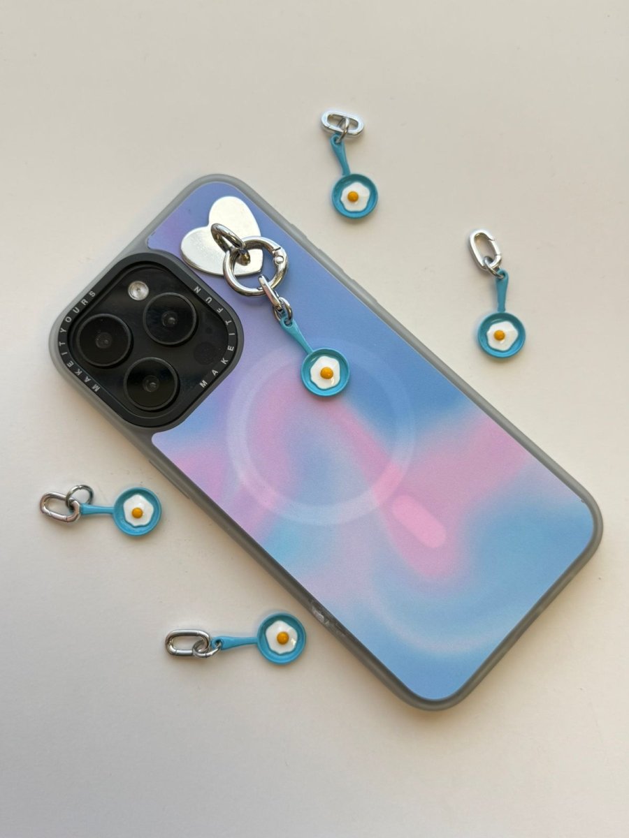 Blue frying pan fried egg phone charm cute phone charms for women phone charms that clip on case Build A Caze