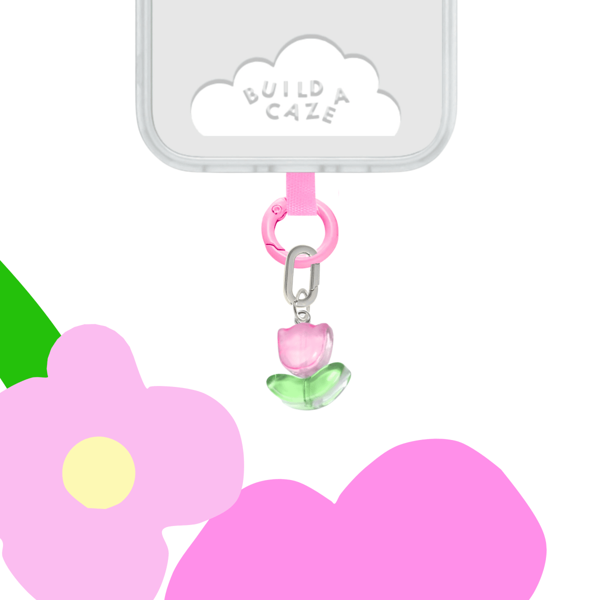 Pink translucent Tulip Charmie in a close-up product shot - Build A Caze.