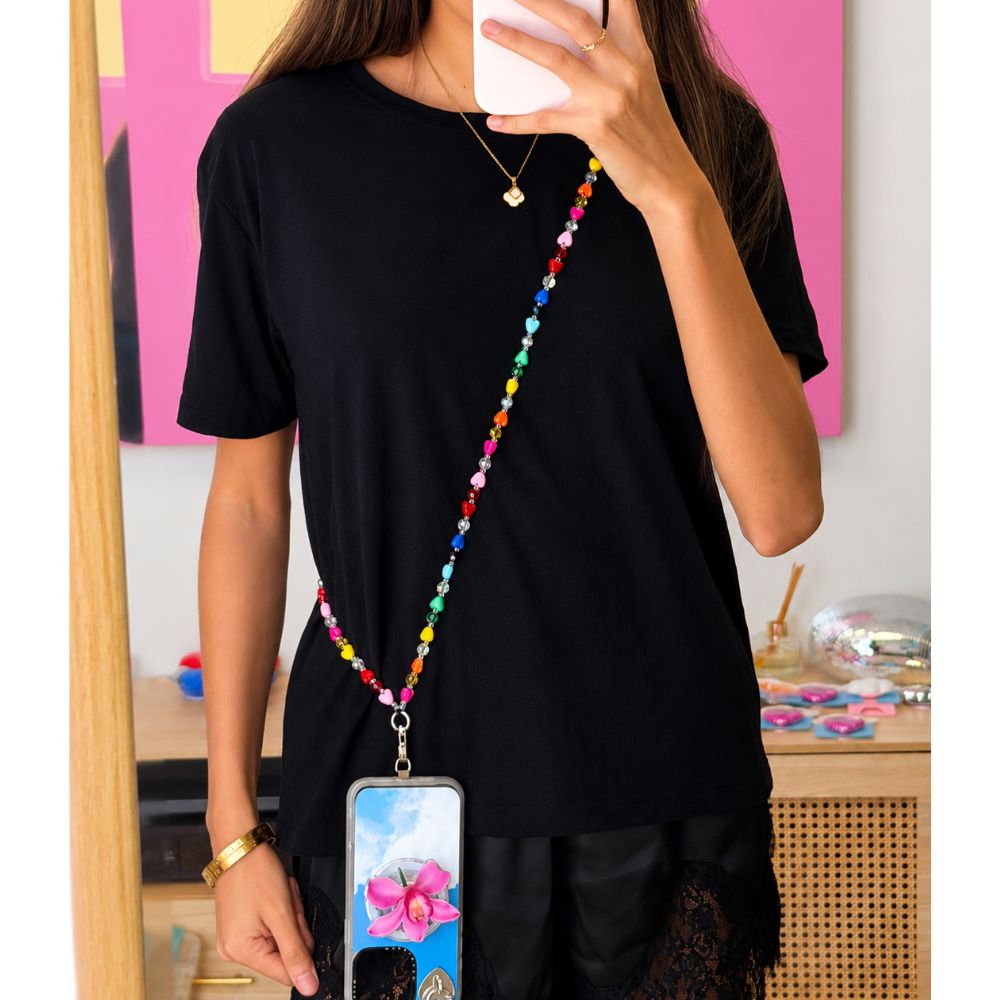 Colorful rainbow heart beaded phone lanyard cell phone lanyard attaches to any case Build A Caze