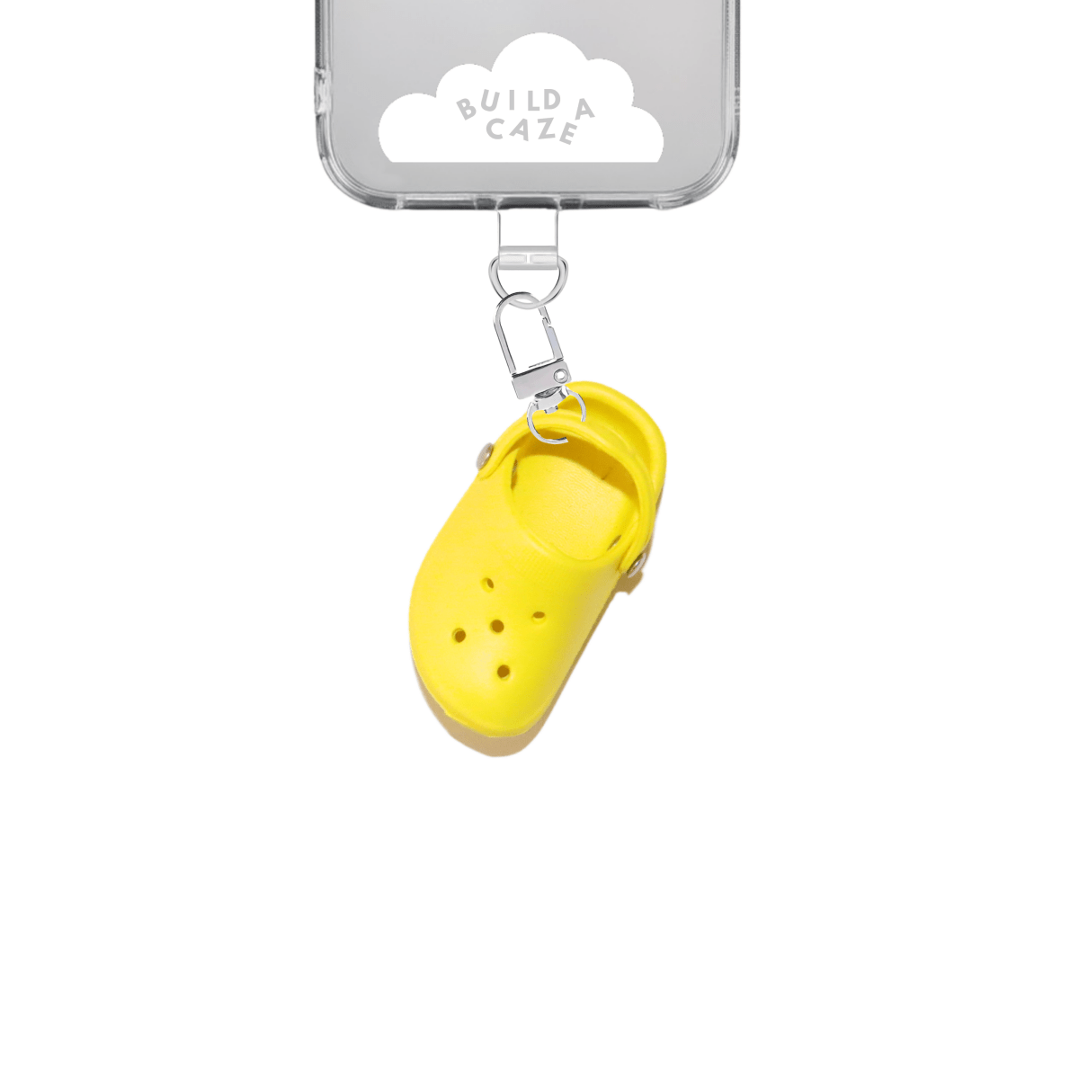 Yellow Little Sandal Keychain, Crokie Charmie yellow clog sandal charm for phone cases and bags, quirky footwear mobile accessory, miniature shoe keychain attachment, trendy phone case decoration.
